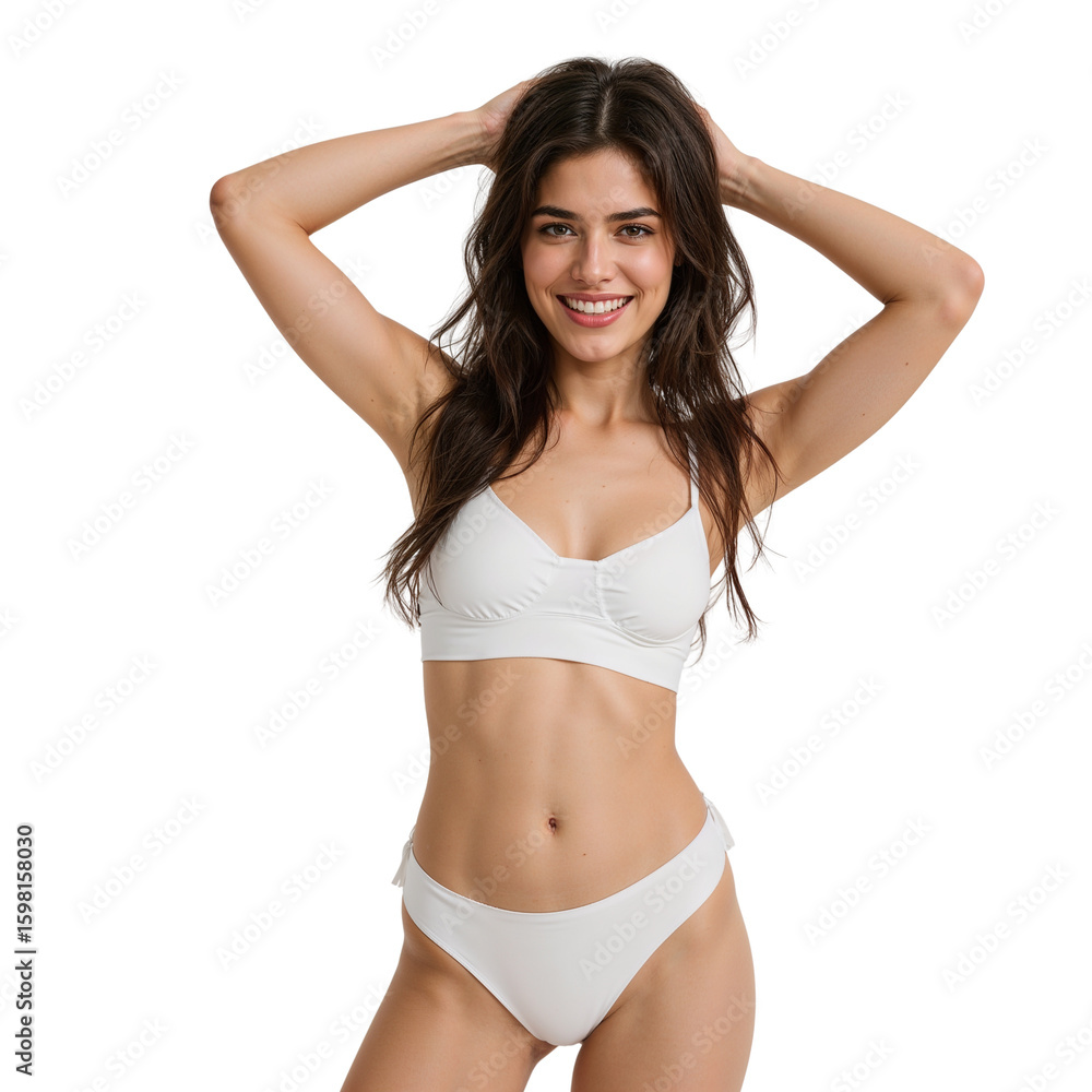Obraz premium Smiling woman poses confidently in a white two-piece swimsuit against transparency