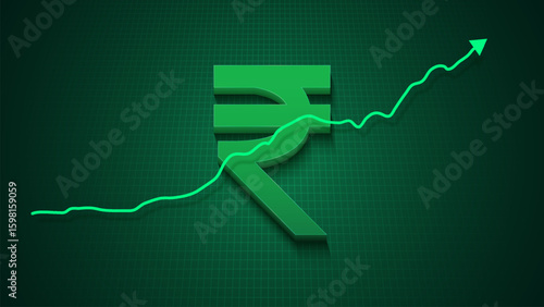Indian Rupees value increase with graph and green background. Rupee increase vector illustration set. Indian Rupee cost increase icon