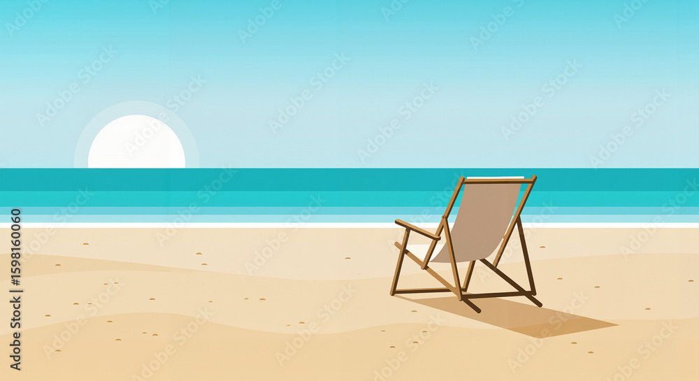 A lonely beach lounger on a sandy beach by a calm sea, catching the horizon at sunset. A lonely beach lounger on a sandy beach by a calm sea, catching the horizon at sunset.