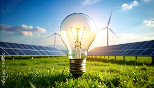 Bright lightbulb amidst renewable energy