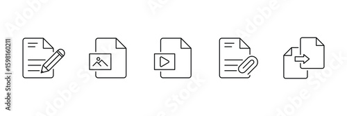 Multimedia document management interface for digital editing organization video image attachment transfer online content mobile business icon vector set.