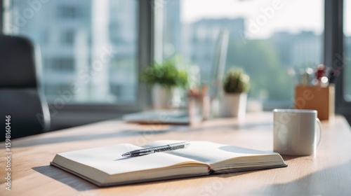 A minimalist modern office desk with natural light and blurred surroundings