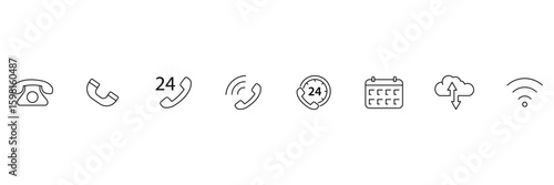 Essential communication tools for modern office support telephone calendar cloud Wi-fi network connection business vector icon illustration set.
