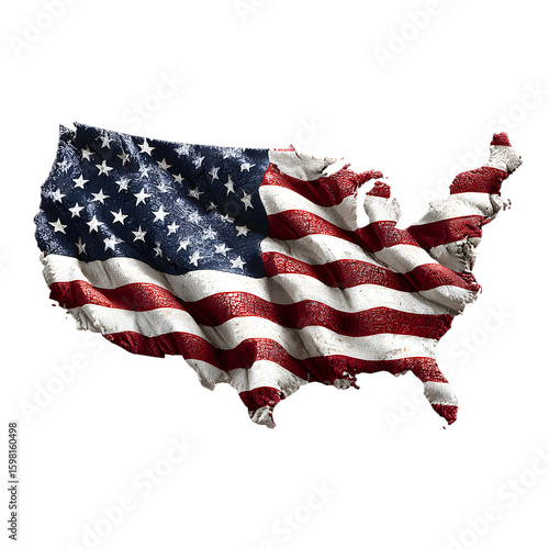 USA map filled with American flag pattern, with bold stars and stripes curvature and subtle shading, isolated on transparent background. --v 7.0 --s 250 --raw