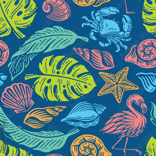 Vibrant Tropical Summer Pattern Seamless Design with Exotic Flora, Fauna & Seashells