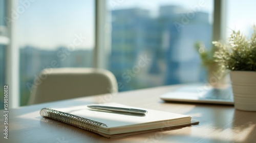 A minimalist modern office desk with natural light and blurred surroundings