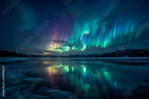 Wallpaper Mural Aurora Borealis Reflection Over Frozen Lake
Stunning view of the northern lights reflecting over a frozen lake with mountains in the distance, captured under a clear starry sky. Torontodigital.ca