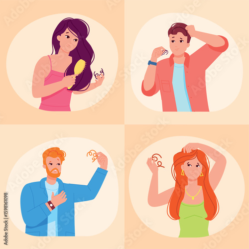 Hair loss people. Alopecia, dandruff seborrheic dermatitis fall thinning hair problem head scalp beauty treatment concept man woman baldness damage hairstyle vector illustration