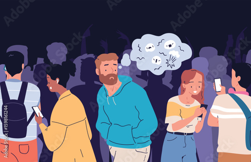 Lonely people crowd. Alone person in crowded city street, anxiety depressed anxious shy man society loneliness introvert social disorder concept social group vector illustration
