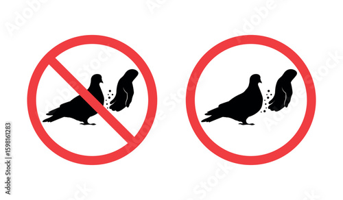 Not feed pigeons. Dont feeding pigeon, prohibited signage hand with bird food sign birds silhouette park rules ban attention pictogram placard vector illustration