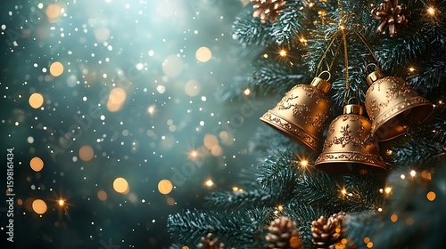 Christmas bells hanging on a festive tree with sparkling bokeh and holiday decorations