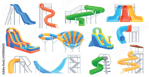 Aquapark water slides. Inflatable or tunnel tube waterslide, aqua amusement park pool playground waterpark cartoon waterslides summer swimming play game, neat vector illustration