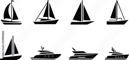 Collection of silhouette sailboats and motor yachts