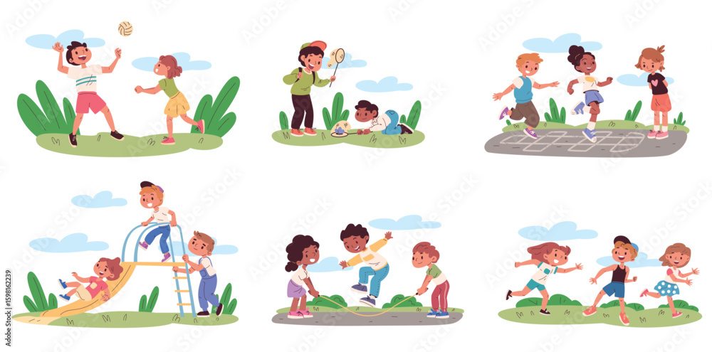 Fototapeta premium Children playing outside. Kids play outdoor active games in playground summer park, child hopscotch boy girl friends running with ball happy childhood, classy vector illustration