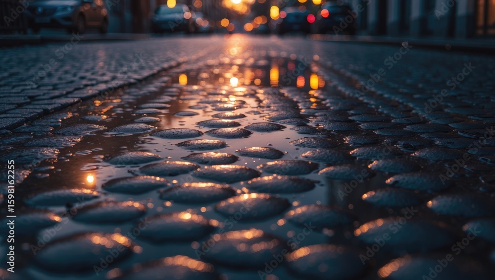 Fototapeta premium Wet cobblestone street at dusk with reflections and blurred city lights, urban atmosphere, rainy weather, night scene.