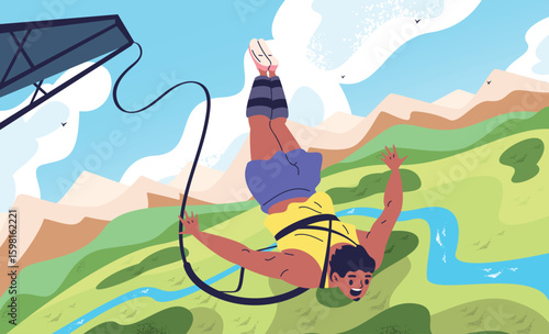 Bungee jumping. Bungy jump off bridge cliff on cord, brave jumper young man fall down with elastic rope free falling flying fun adrenaline fearless, classy vector illustration