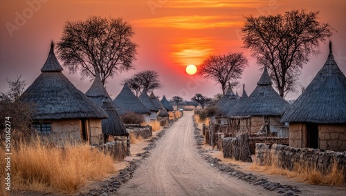 African village at sunset.  A dirt road winds through a traditional village, thatched huts lining either side.  Vibrant sunset colors paint the sky