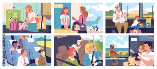 Travel with pets. People summer vacation trip with dog cat carrier box or cage with luggage bag in car train bus plane tour, domestic animal at airport, classy vector illustration