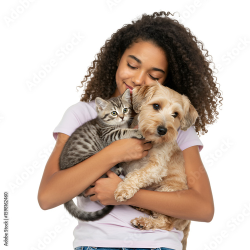 Isolated Photo of Girl Embracing Kitten and Puppy