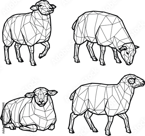 Geometric sheep designs with polygonal shapes creating a modern and abstract artistic look, A collection of four sheep in various poses featuring a geometric design aesthetic
