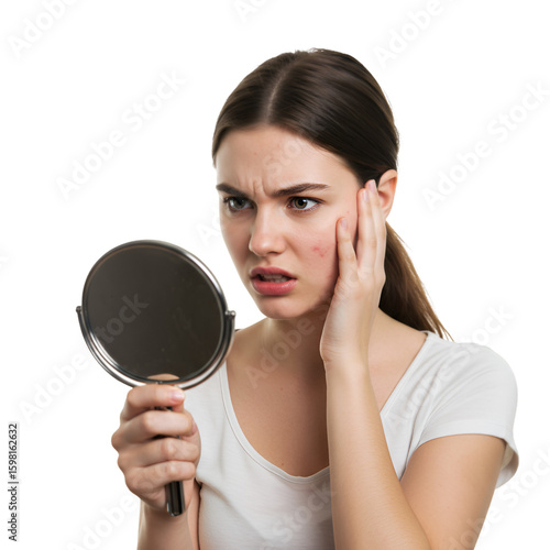 Isolated Photo of Girl with Acne Looking in Mirror