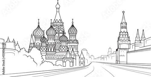 Detailed Outline Vector Illustration of Moscow Kremlin and Saint Basil's Cathedral
