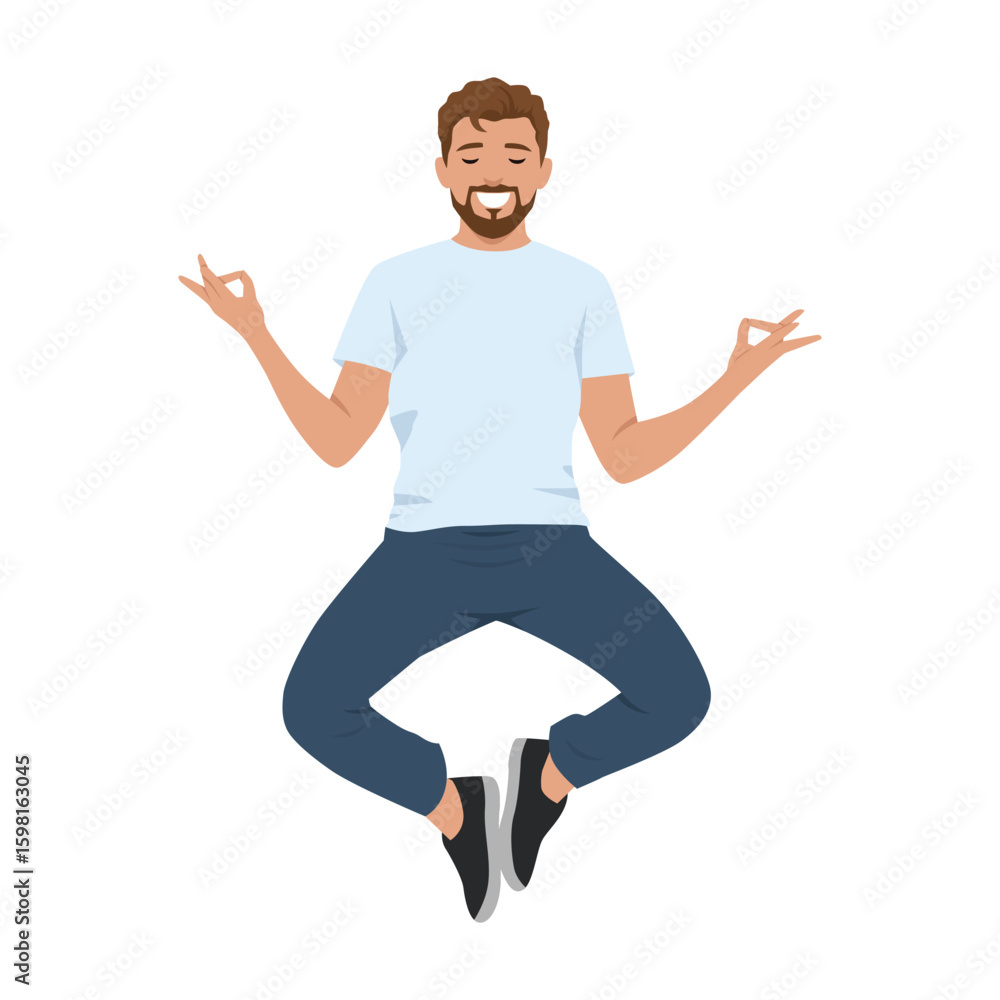 Man levitating in a cross legged meditation pose with eyes closed and hands in a mudra gesture. Flat vector illustration isolated on white background Man levitating in a cross legged meditation pose with eyes closed and hands in a mudra gesture. Flat vector illustration isolated on white background