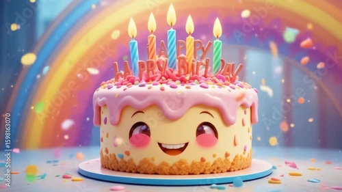 Animated birthday cake with candles against a rainbow background for a cheerful celebration
