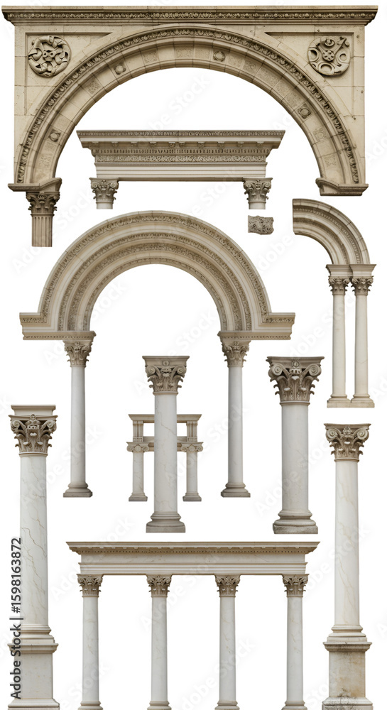 Naklejka premium Isolated Architectural Elements Columns Arches Stone Illustration