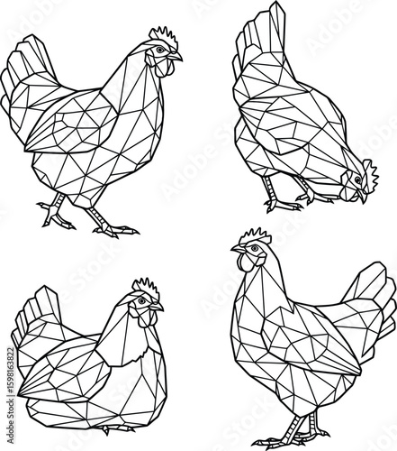 Abstract Chicken Set: Polygonal Design in Varied Poses for Creative Projects, Geometric Hen Collection: Black and White Line Art Illustrations