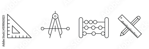 Essential math and geometry educational instruments for learning calculation sketch measurement classroom student school teaching icon vector illustration set.