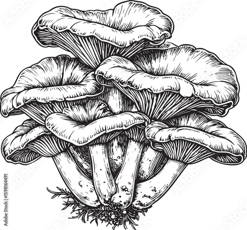 Wild Mushroom Bounty: Monochrome Forest Foraging Illustration