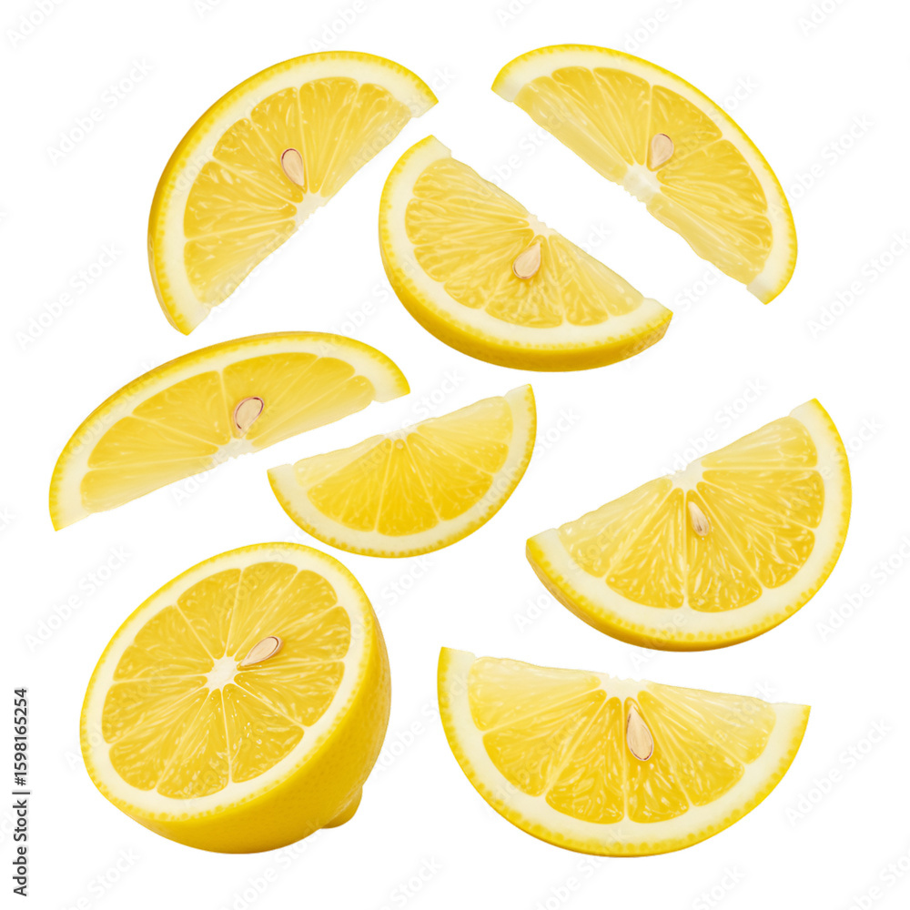 Fototapeta premium Isolated Lemon Slices and Whole Fruit on Black Background