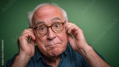 A senior man with glasses and playful expression against a green backdrop