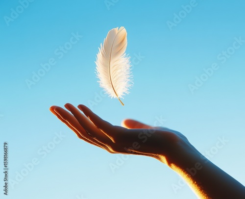 A delicate white feather floats above an outstretched hand against a clear blue sky, symbolizing lightness and freedom.