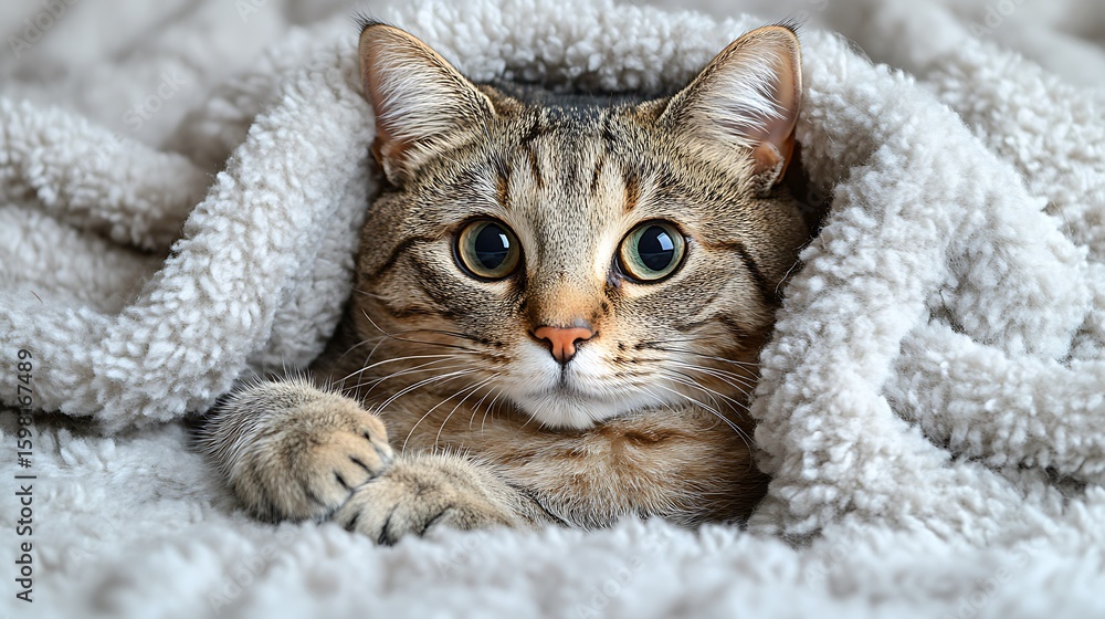 Obraz premium Tabby cat nestled in a soft, gray blanket.