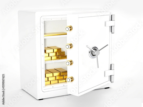 Bank safe with gold bars. Gold in safe on white background