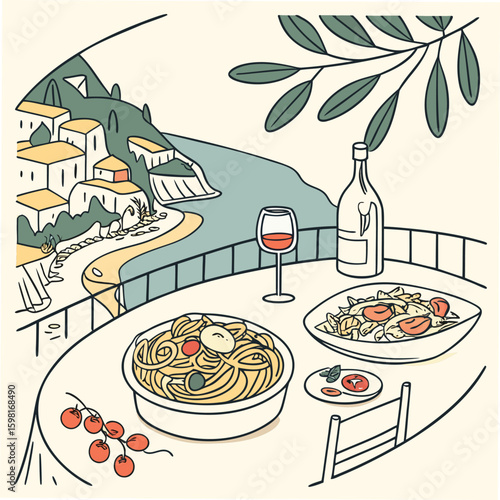 
Whimsical Italian food pasta line art sketch set. Coastal Mediterranean dinner table party summer hand drawn elements. Wedding coquette vector illustration