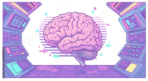 Pixel Art Human Brain in Retro Tech Setting