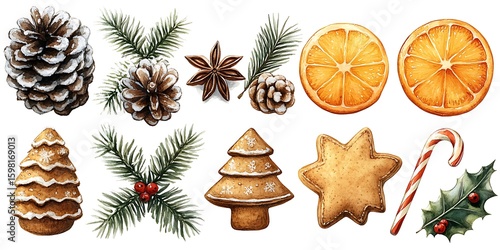 Watercolor christmas elements featuring gingerbread ornaments, pine needles, and orange slices