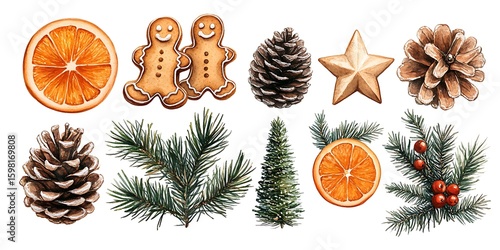 Watercolor festive christmas elements including gingerbread cookies pine cones and orange slices