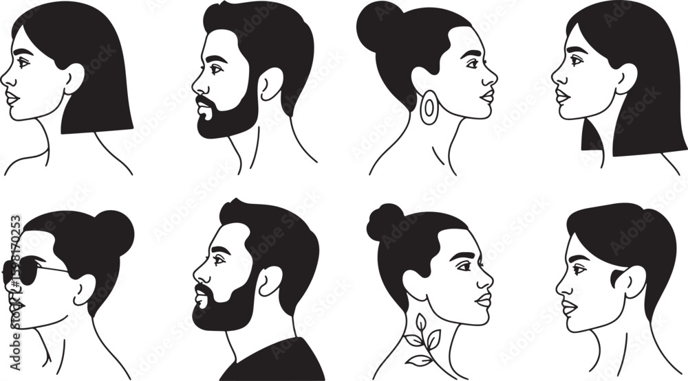 Fototapeta premium Monochrome Profile Portraits with Diverse Hairstyles on Transparent Background Vector