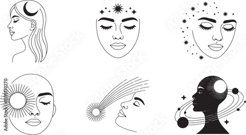 Mystical Faces Collection Line Art Style Spiritual Woman with Moon Stars Sun Planets Design