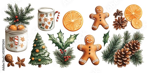 Watercolor christmas holiday festive elements featuring gingerbread ornaments and natural decorations