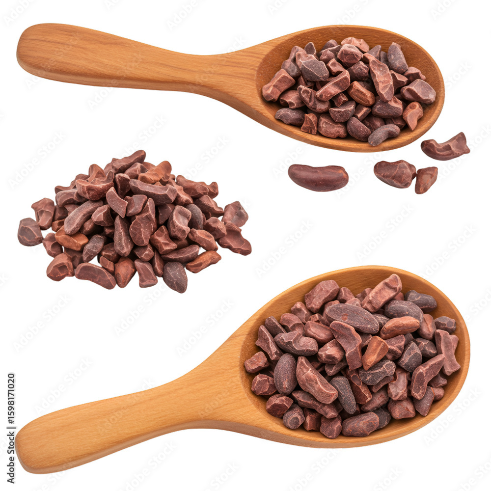 Fototapeta premium Isolated Photo Cacao Nibs in Wooden Spoons