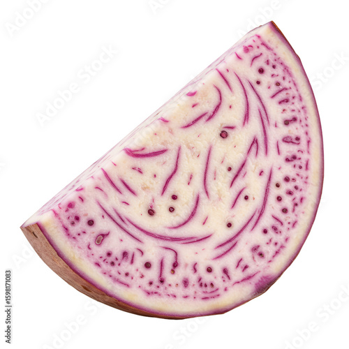 Isolated Photo of a Single Slice of Purple Yam on Black Background