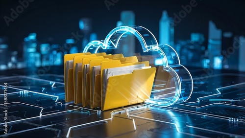 Digital cloud storage concept with glowing blue cloud icon protecting a stack of yellow file folders on a futuristic circuit board