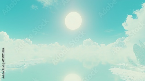 Calm ocean scene in pale colors with bright sunlight, taken with mirrorless camera, 35mm lens, low angle view of waterline with soft blue and white palette reflecting midday light in minimal
