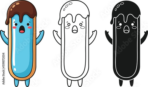 Kawaii eclair cartoon character illustration chocolate eclair dessert pastry cute food sweet treat design vector