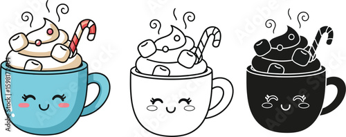 Kawaii hot chocolate coffee cup with candy cane marshmallows cute winter drink cartoon illustration art